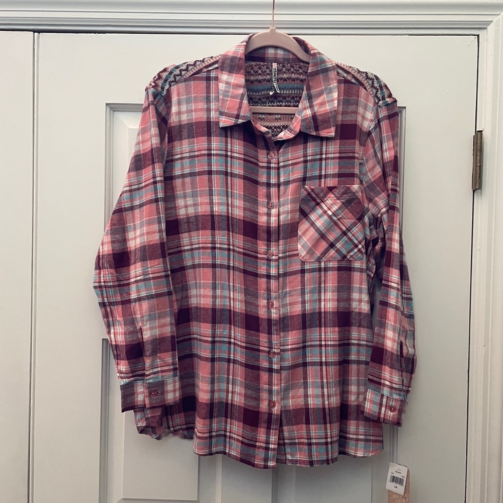 NWT Plaid Flannel Shirt w Crochet Detailed Yoke 1X